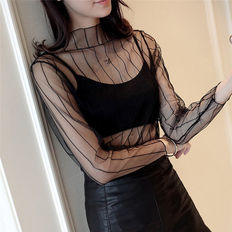 Mesh Perspektive Bluse heiße Mode hohle exquisite Tupfen elegante Top lässig wilde dünne Damen Bluse