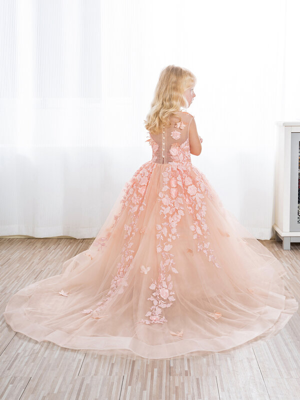 Foto real tule princesa vestido da menina flor borboleta apliques florais sem mangas festa vestido de baile crianças meninas vestido agente