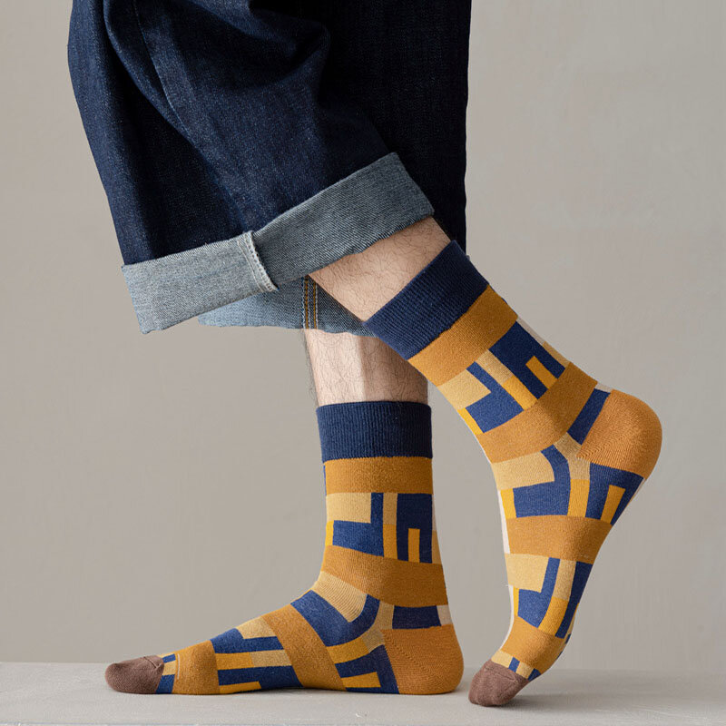 New middle tube cotton socks fashion geometric pattern cute bear plaid ins wind middle tube pile pile straight  socks