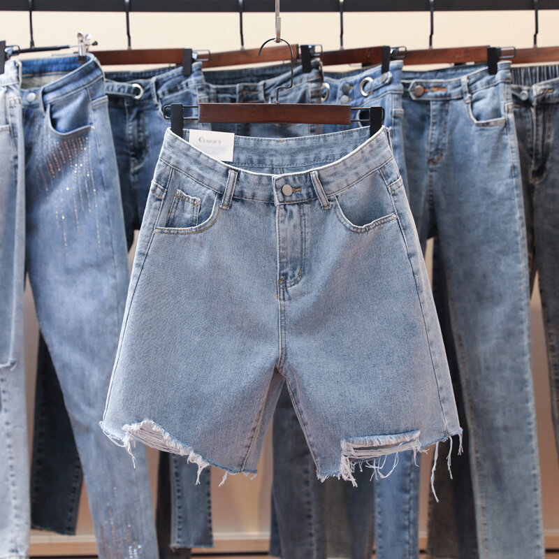 Женские джинсовые шорты с завышенной талией, летние рваные Свободные повседневные короткие брюки, женские прямые брюки с широкими штанинами