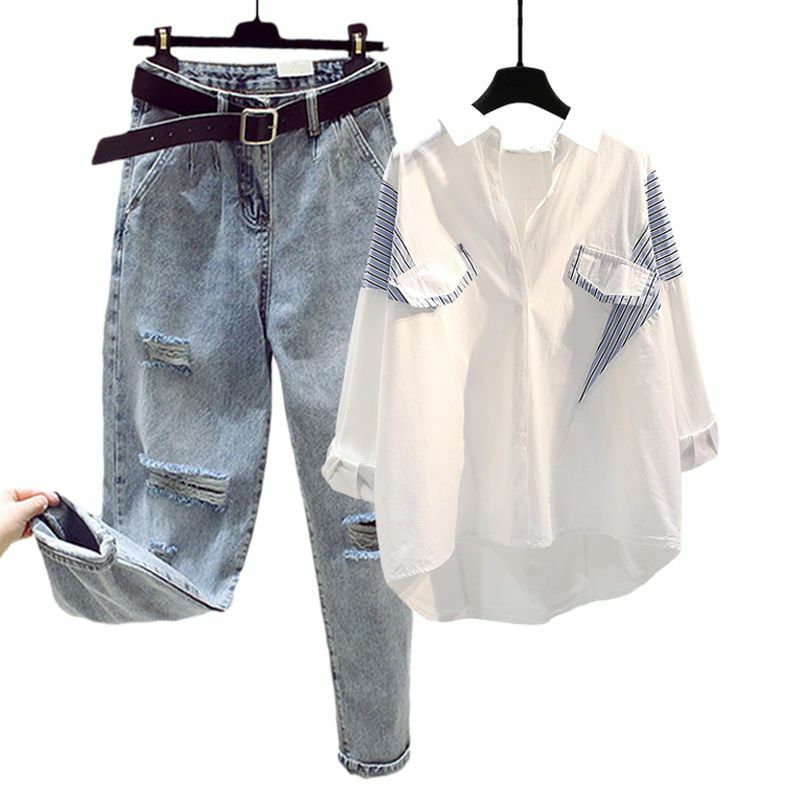 Set pakaian Jeans dua potong untuk wanita, kemeja gaya Barat ramping dan serbaguna musim semi musim gugur 2024