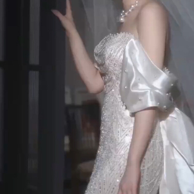 Новинка лета 2024, роскошная элегантная и высококачественная юбка-годе с одним воротником и жемчужными блестками, обручальное свадебное платье