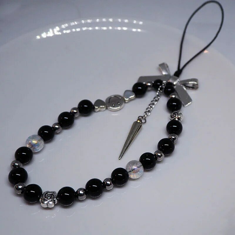 Black Kpop Y2K Mobile Phone Chain Silver Bow Pointed Cone Smile Face Beads Strap Lanyard Keychain Punk Jewelry Egirl Accessories