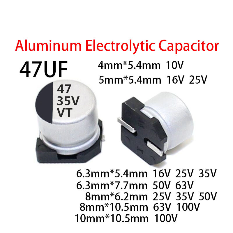 Capacitor eletrolítico de alumínio de SMD, 47UF, 10V, 16V, 25V, 35V, 50V, 63V, 100V, 4x5.4, 5x5.4, 6,3x4, 6,3x7, 8x6,2, 8x10,5, 10X10.5, 20 PCes Lote