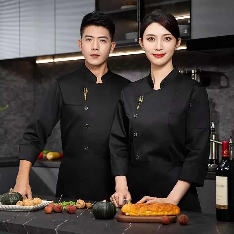 Delantal largo para hombre y mujer, camiseta con logotipo de cocinero, Hotel, restaurante, uniforme de trabajo de Chef, abrigo, chaqueta, manga