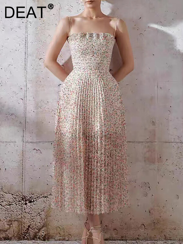 Женское облегающее платье-комбинация DEAT, Элегантное Длинное Платье с цветным цветочным принтом и перекрестными линиями на талии, весна 2024