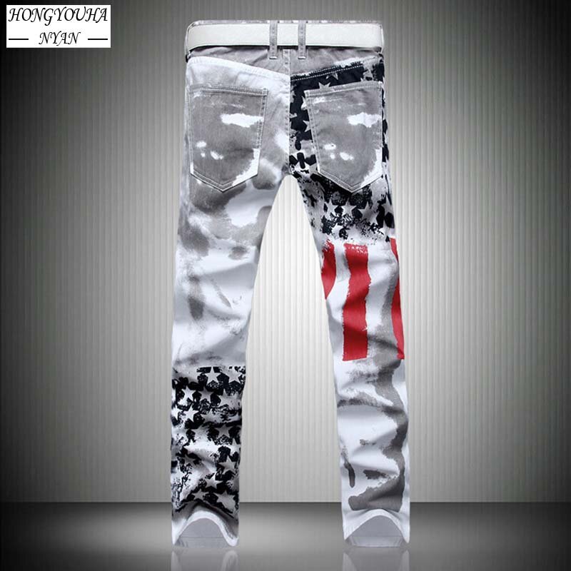 Mens Jeans Male American Flag Printed Streetwear Casual Pants Fashion Harajuku High Elastic SlimHip Hop Straight Denim Trousers