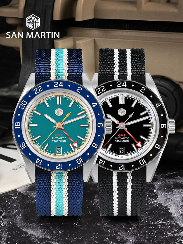 San Martin oryginalny projekt mody GMT 39.5mm męski sportowy zegarek japonia NH34 automatyczny mechaniczny wodoodporny 100m SN0116 Reloj