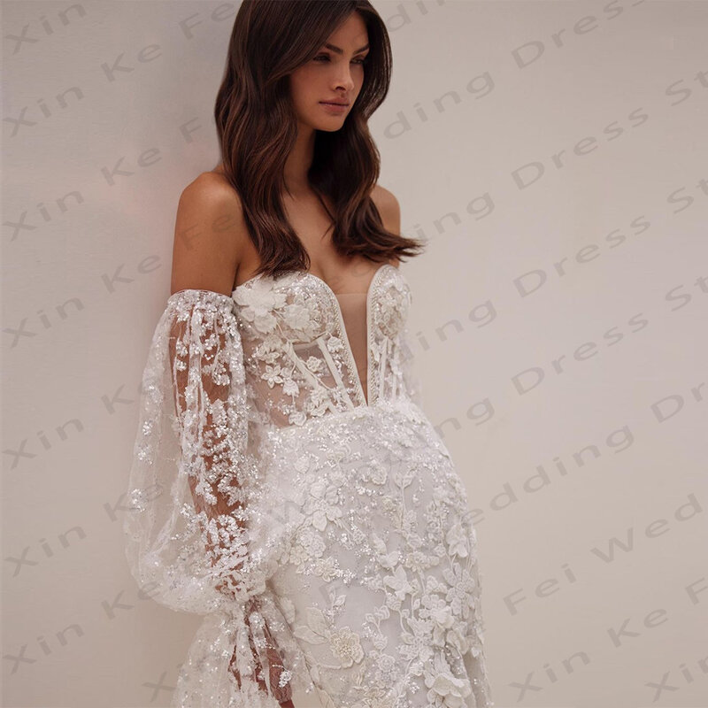 Роскошные женские свадебные платья 2024, кружевные со съемными рукавами-фонариками