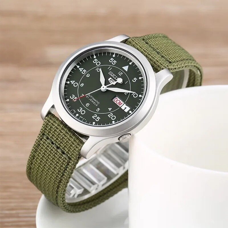 Original SEIKO SNK805 Men's Quartz Luxury Green Dial Fabric Strap Watch Casual Sports Fashion Luxury Men's Watches automatic