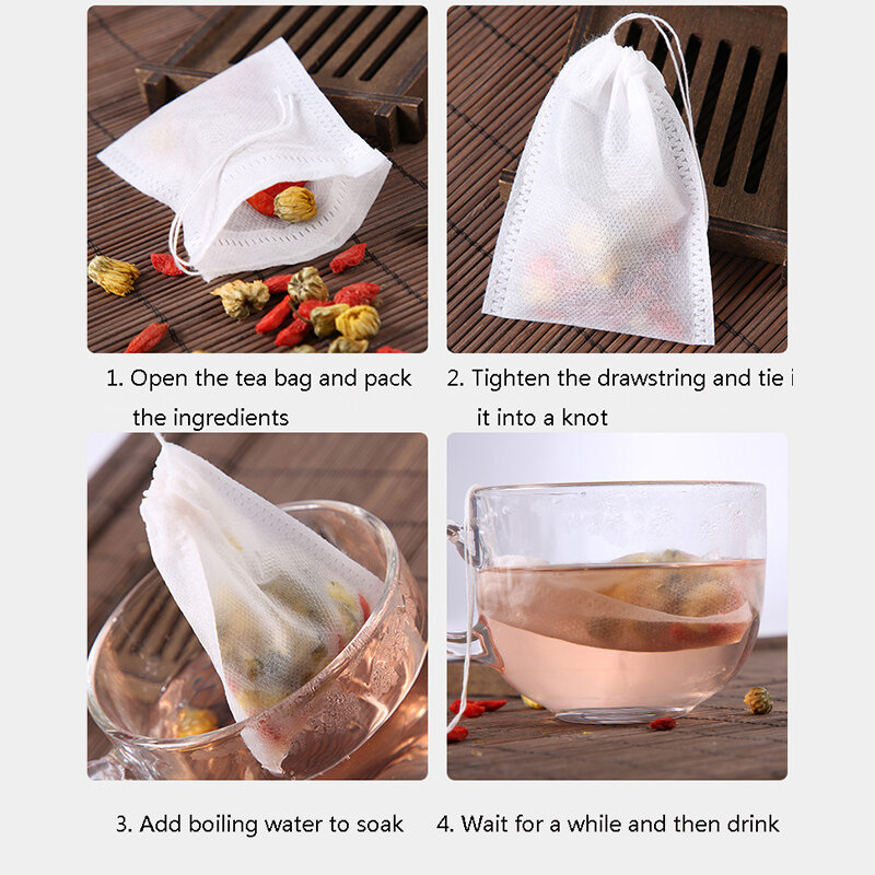 50pcs Disposable Tea Filter Bags For Coffee Tea Infuser Non-woven Fabric Spice Filters Drawstring Seal Empty Teabags