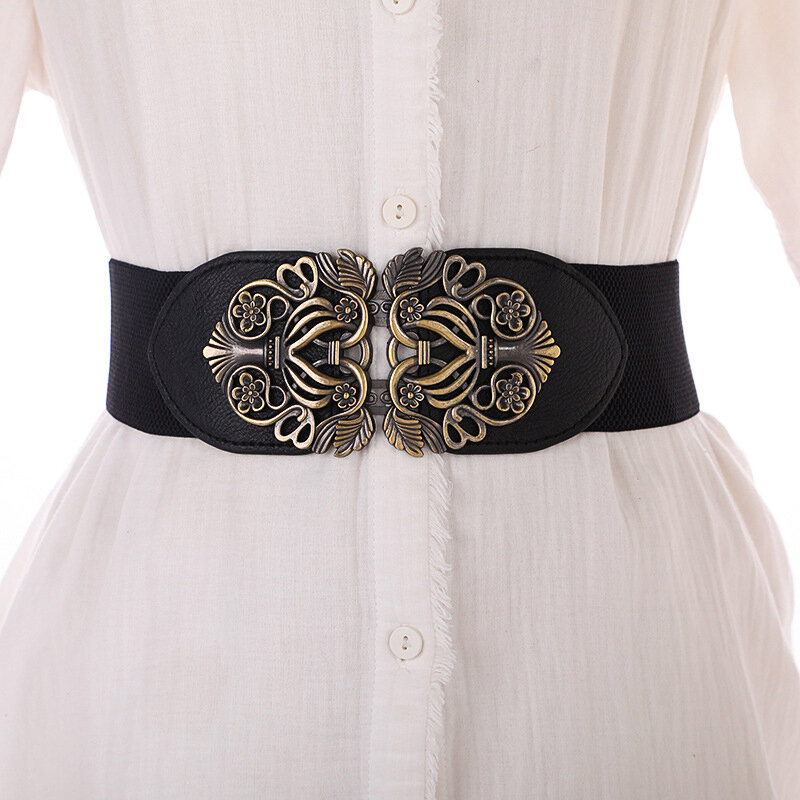 Fivela de metal feminina faixa preta elástica, cintura larga para vestido, casacos, cintas, lazer, elegante, elegante