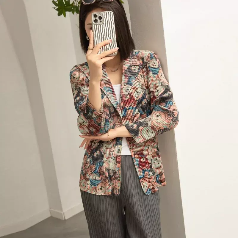 Miyake plissado blazer impresso feminino, terno versátil, top curto de peito único, design de nicho, temperamento, pendulares, nicho, colarinho