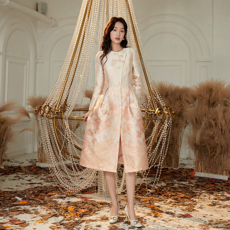 Retro wysokiej klasy Temperament ciężki różowy płaszcz delikatny francuski średniej długości stylowa sukienka dla kobiet