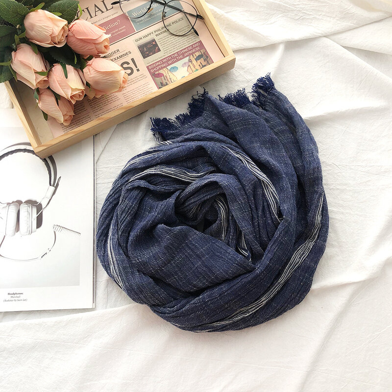 Bufanda de lino y algodón para hombre, Bufandas con borlas a rayas de color negro y azul marino, chal de moda, accesorios para Otoño e Invierno