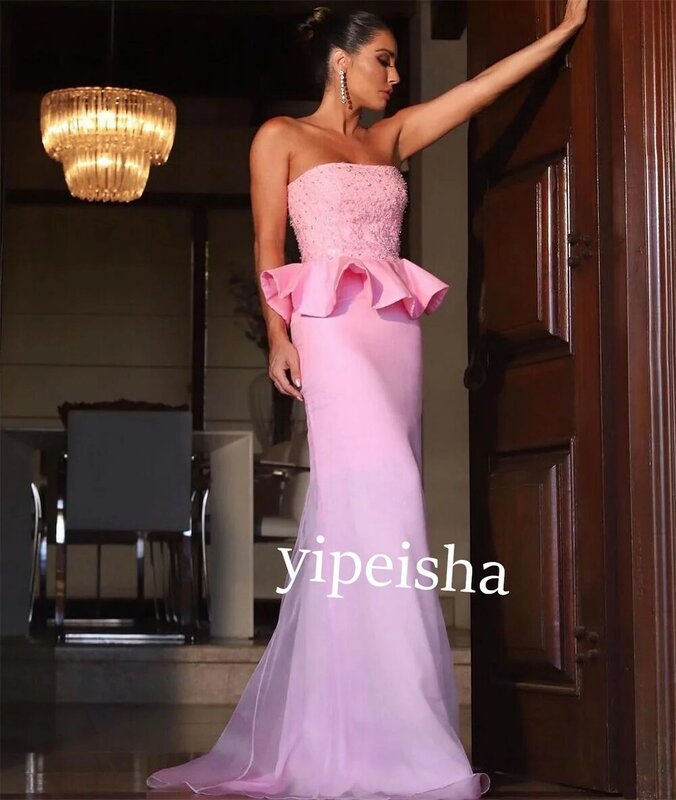 Jersey Beading Ruched Valentine's Day A-line Strapless Bespoke Occasion Gown Long Dresses