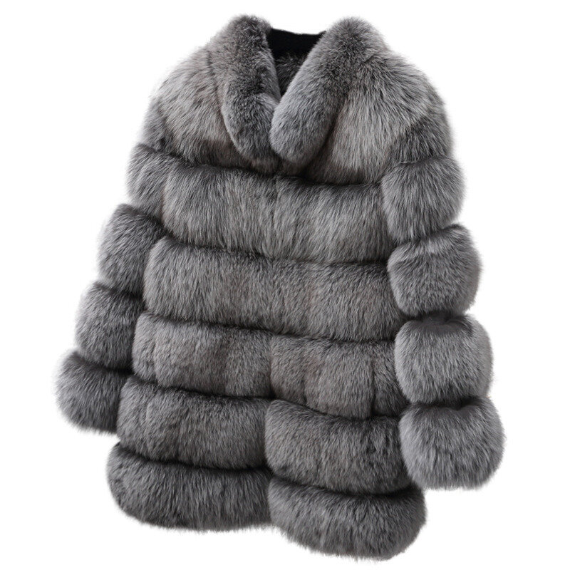 Abrigo cálido de piel de zorro para mujer, abrigo de invierno de alta calidad con cuello de pie, moda de calle