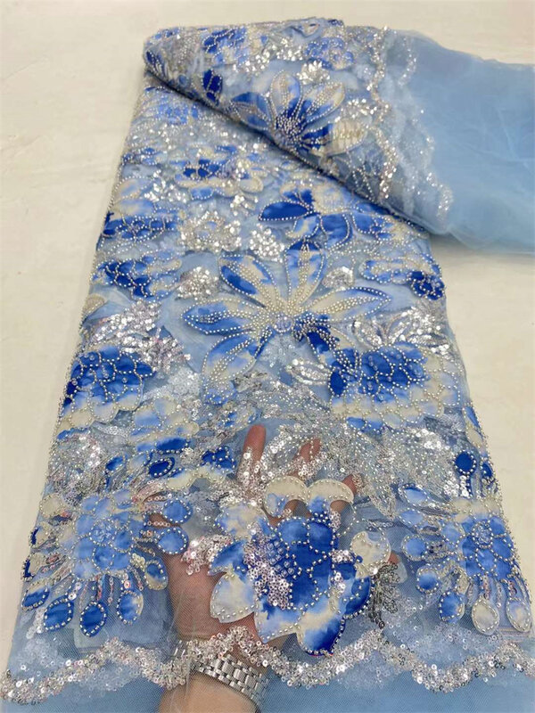 2024 High Quality Beauty African Nigerian Tulle Lace Fabric With Sequins Handmade Beaded Lace Cloth Prom Dresses Beads 5 Yards