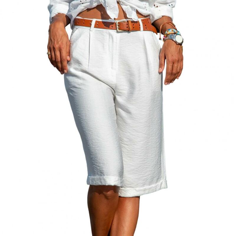 Women Casual Half Trousers Mid-rise Pockets Straight Wide Leg Shorts Office Wide Women's Solid Color Knee-length Shorts