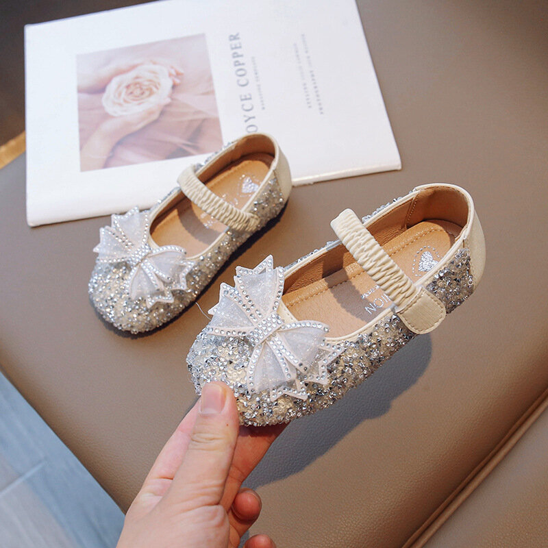 Girls' Shoes Bow Princess Shoes2024New Spring and Autumn Sweet Crystal Leather Shoes Baby Soft Bottom Western Style Single Shoes