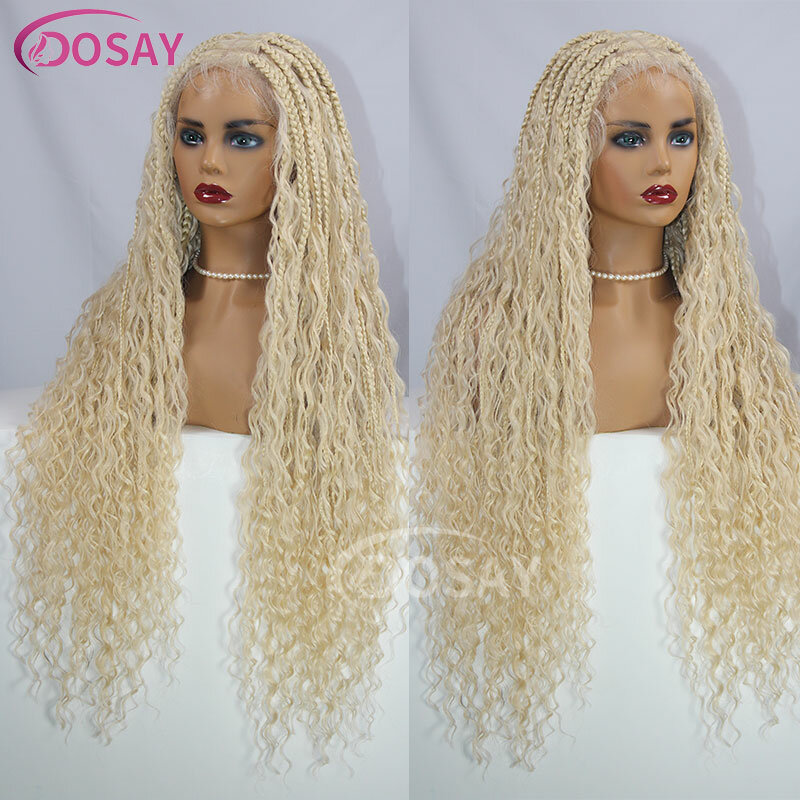 32" Honey Blonde 613 Colored Boho Box Braided Wigs Bohemia Synthetic Braided Full Lace Front Wig Curly Ends Square Part Knotless