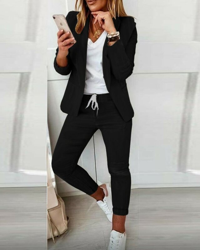 Terno feminino 2 peças jaqueta + calças casual turn-down colarinho escritório senhora manga longa blazer define 2022 outono moda cloting