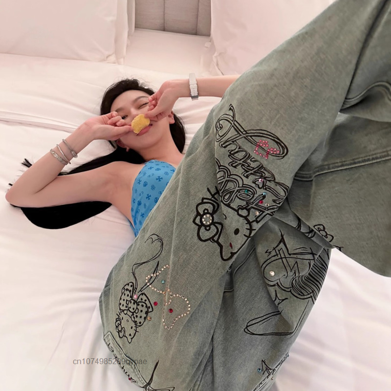 Sanrio najnowsza diamentowa Hello Kitty Graffiti damskie dżinsy amerykańskie główna ulica Y2k dziewczęce spodnie jeansowe nowe luźne spodnie z szerokimi nogawkami