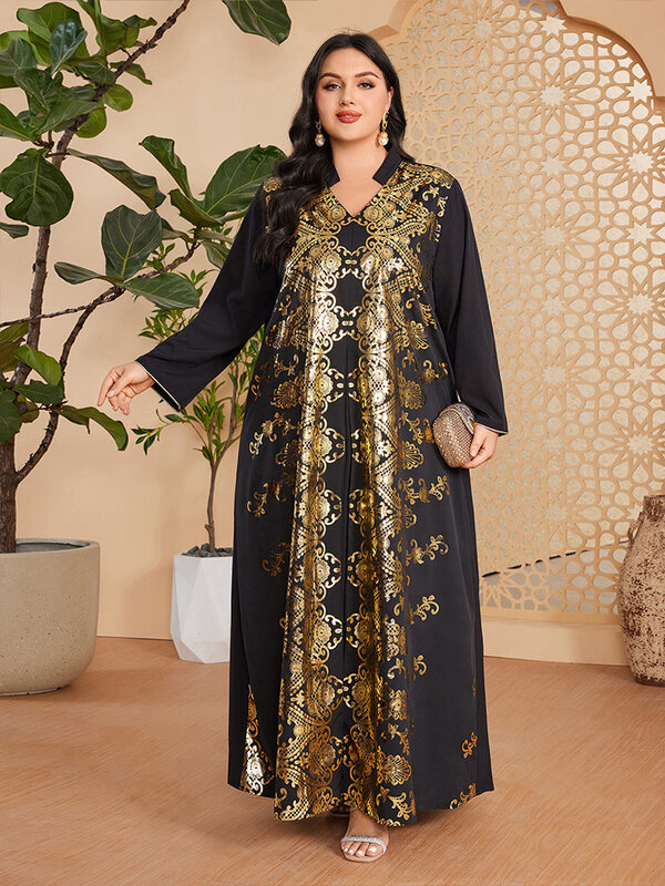 Muslim Dress Ethnic Spring Autumn New Loose Women Oversized Dress With Gold Stamping Printing Long Sleeves Dress V-neck Robe
