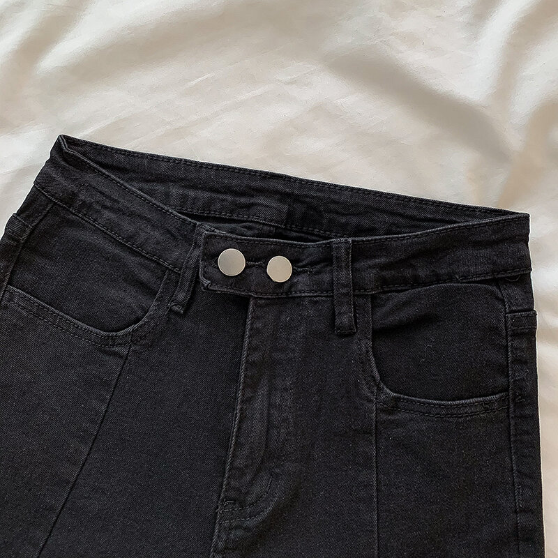Женские черные джинсы на весну и осень, новые универсальные расклешенные брюки с высокой талией и разрезом, модные эластичные облегающие джинсовые брюки для девочек