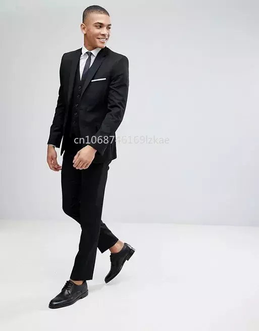 Black Mens Suits Slim Fit Back Vent Groomsmen Wedding Tuxedos Three Pieces  Blazers Notched Lapel Prom Suit (Jacket+Vest+Pants)