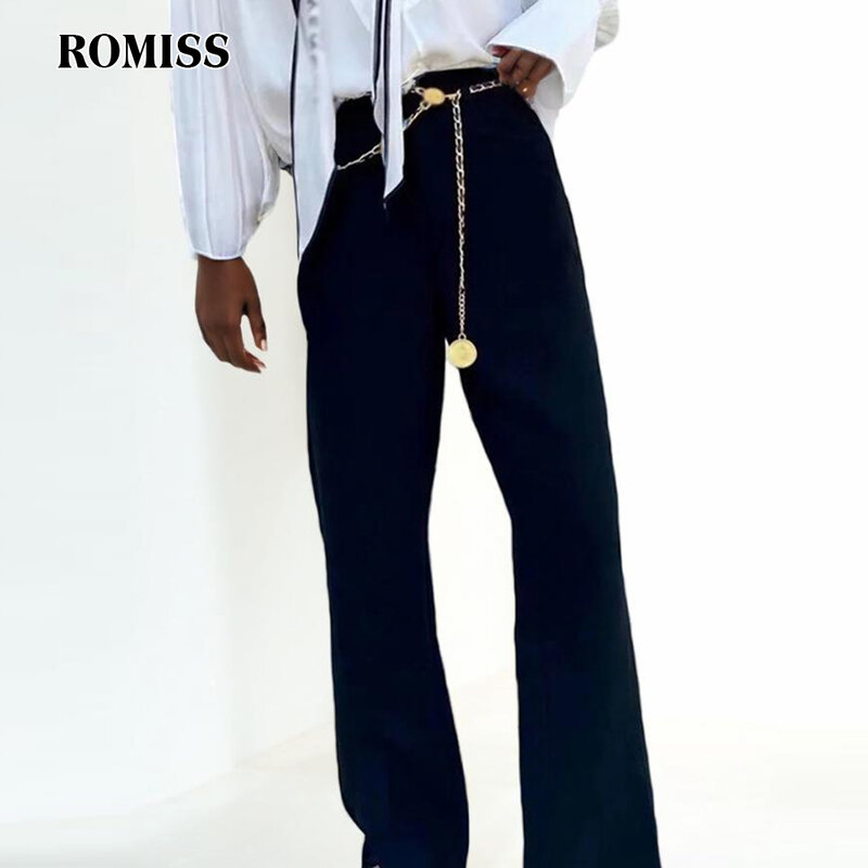 ROMISS Solid Patchwork Chain Split Trousers For Women High Waist Spliced Pocket Temperament Wide Leg Pants Female Fashion