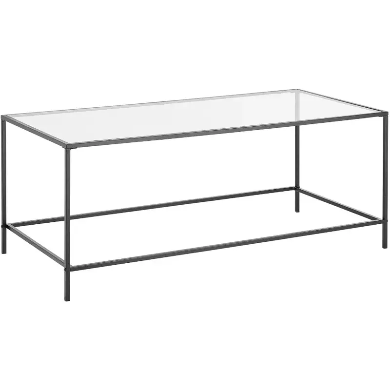 Glass Top Coffee Table - Large Minimalistic Rectangular Geometric Metal Accent Furniture Unit for Living Room  Home Office
