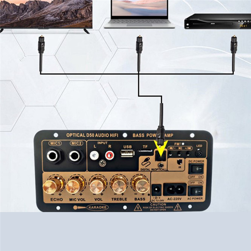 D50 Amplifier Board with Optical Audio Bluetooth AMP USB FM Radio TF Player DIY Audio Subwoofer for Home Car-EU Plug
