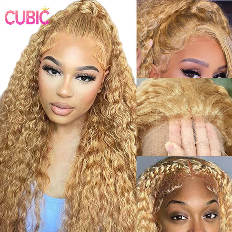 Perruque Lace Front Wig Naturelle Bouclée, Cheveux Humains, Deep Wave, Couleur Blond Miel #27, 13x4 HD, Densité 200%, Pre-Plucked