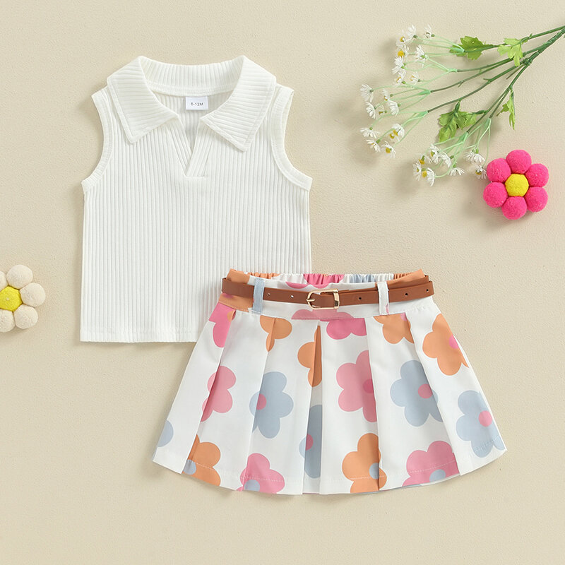 Suefun skry Kleinkind Mädchen Sommer Outfit einfarbig gerippt gestrickt Tanktops und Blumen-/Erdbeer-Print Rock mit Gürtel 2 Stück Set