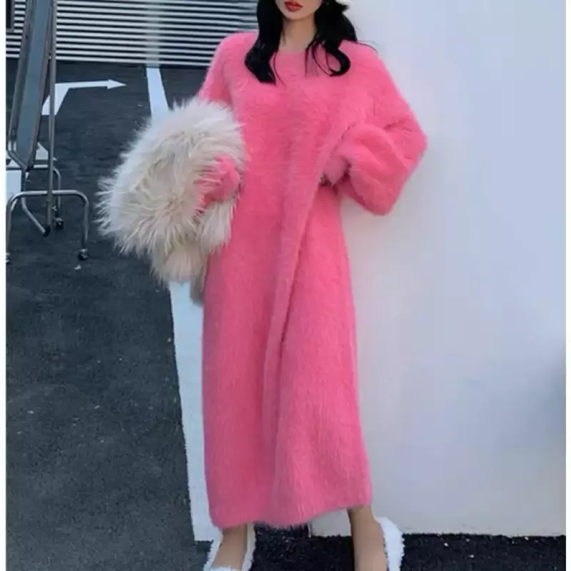 Lantern Sleeve Faux Mink Knitted Dress Women O Neck Loose Fashion Dress 2023 Autumn Solid Color Pullover Long Dresses
