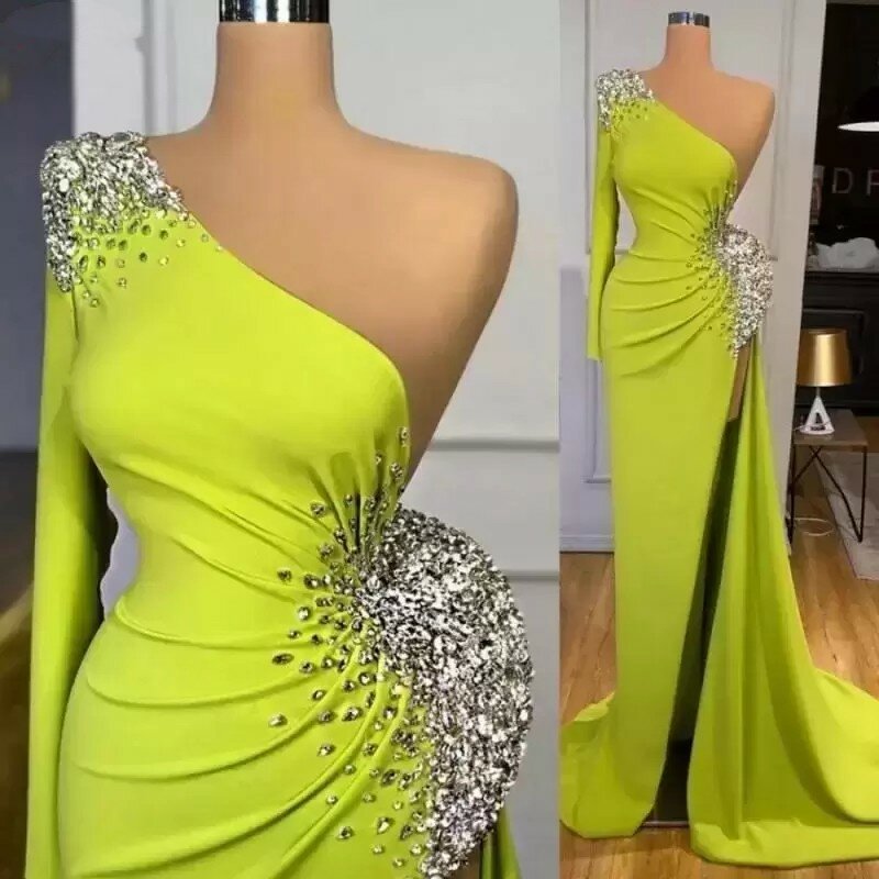 2023 Amazing One Shoulder Evening Dresses Crystals Beads Mermaid High Split Sexy Women Dubai Formal Party Prom Gowns Long Sleeve