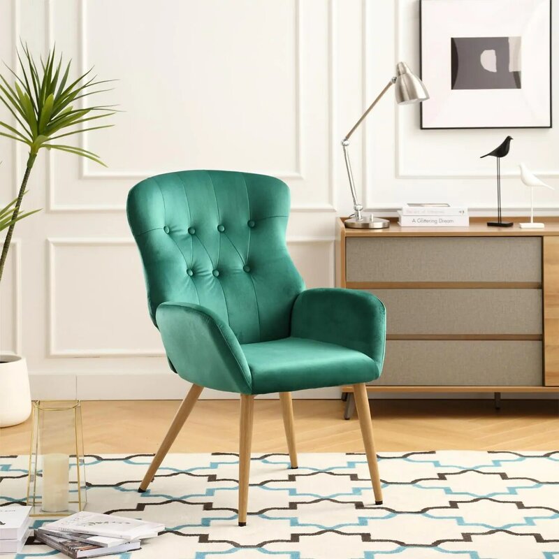Nowoczesne krzesło Hengming z pikowanym guzikami, stylem skrzydłowym i tapicerowanym wysokim oparciem zapewniającym komfort i elegancję.Sty
