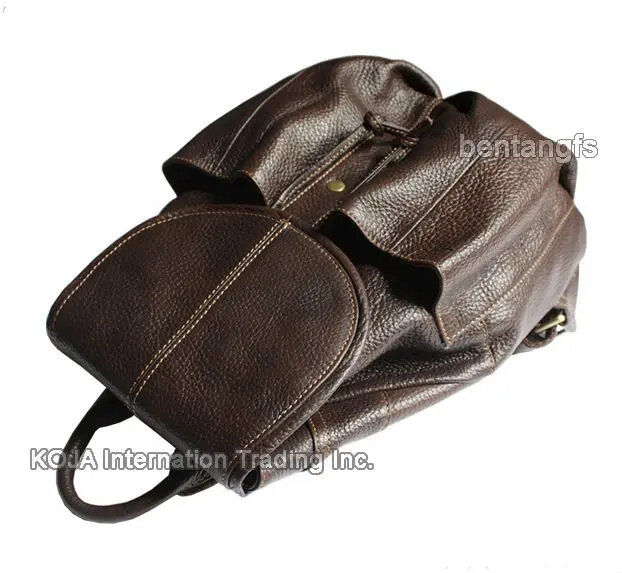 Mochila De Cuero genuino para mujer, bolso escolar femenino con cordón, color marrón, a la moda