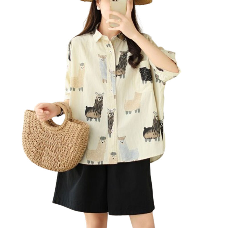 Elegante Mode Harajuku Slim Fit weibliche Kleidung locker lässig alle Match Tops Frauen gedruckt Polo Kragen Knopf Kurzarm Blusa