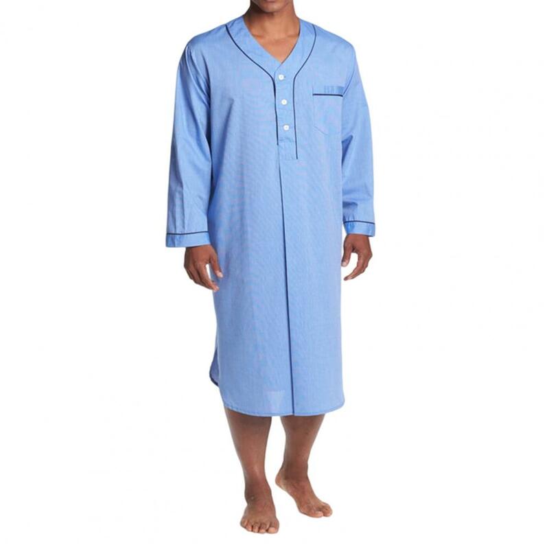 เสื้อคลุมอาบน้ำความยาวถึงเข่าของผู้ชายชุดนอนคอวีมีกระเป๋า, ชุดใส่ตอนกลางคืนระบายอากาศได้ดีชุดนอนแขนยาวสีพื้น
