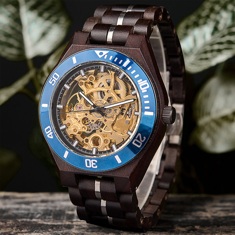 Men's Mechanical Watches Wood and Stainless Steel Combined Multifunction Chronograph Scratch Resistant Glass Men's Gift Watch