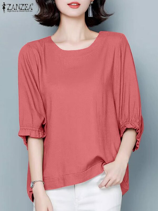 ZANZEA-Blusa holgada informal para mujer, camisa de oficina de media manga, cuello redondo, talla grande