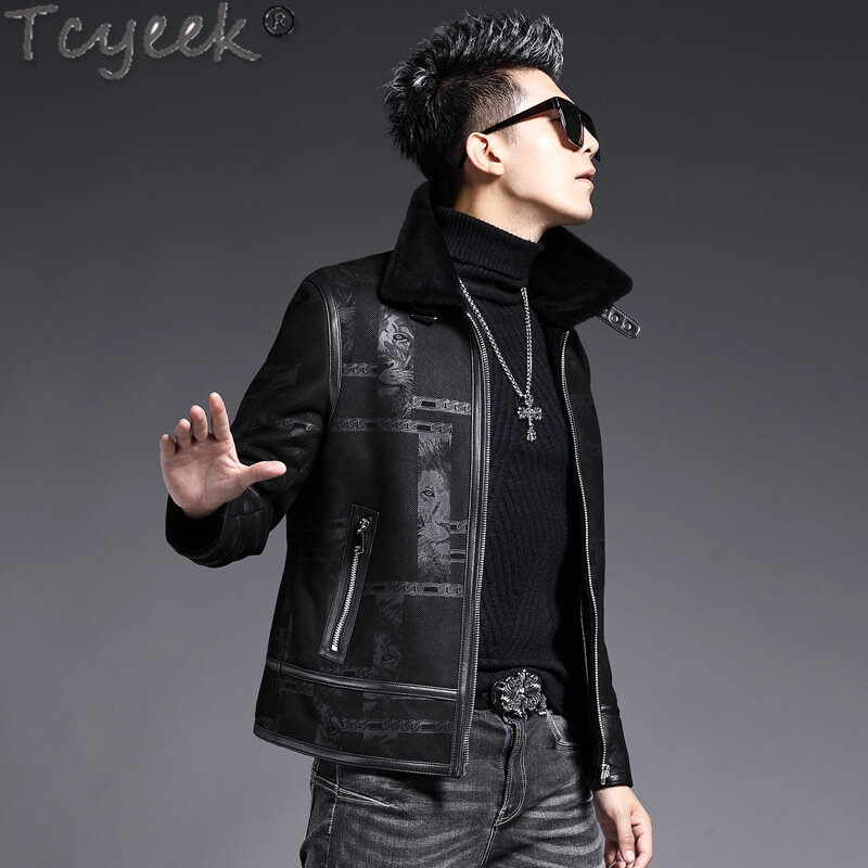 Tcyek 남성용 양가죽 천연 모피 재킷, 짧은 천연 모피 재킷, 따뜻한 진짜 모피 코트, 남성 의류, 슬림, 겨울 패션