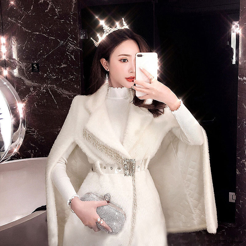 Autumn Winter New White chic Beaded Elegant Warm Velvet Faux Fur Cloak Jacket For Women Bat Streetwear Abrigos Mujer Invierno