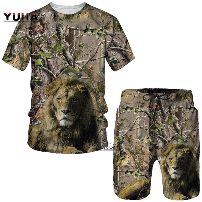YUHA 남성용 3D 프린트 카무플라주 단풍잎 티셔츠, 반바지, 유니섹스 캐주얼, 야외 스포츠웨어, 반팔, 여름 사냥