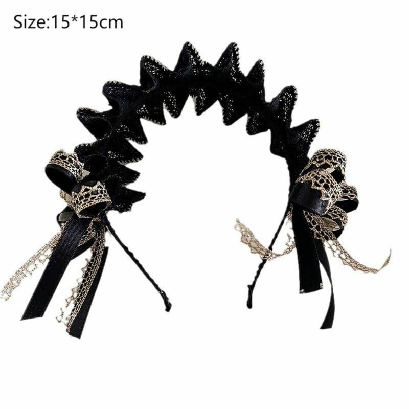 Bandeaux en dentelle avec nœud papillon, cerceau à cheveux froissé, accessoires pour cheveux légers, noir rétro, beige, Lolita
