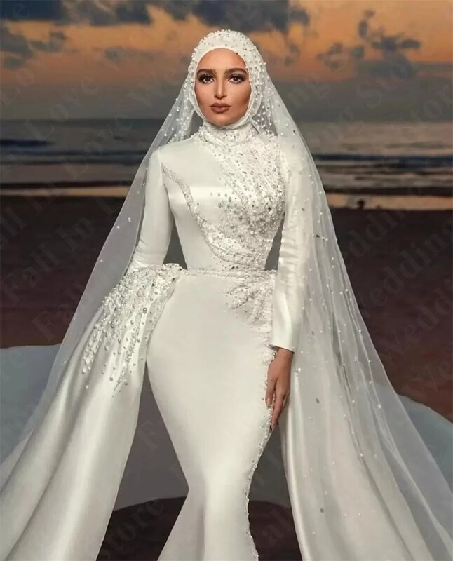 Muslim Mermaid Wedding Dresses with Detachable Train Satin Luxury Beaded Pearls Bridal Gowns Custom Made Robes de mariée Vestido