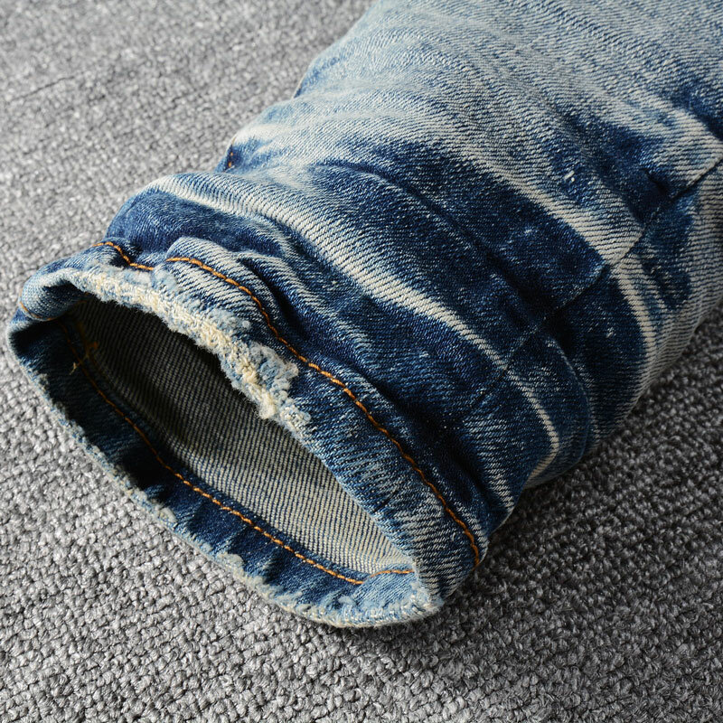 Джинсы мужские зауженные стрейчевые, модные рваные джинсы в стиле ретро, Брендовые брюки в стиле хип-хоп, синие, с заплатками