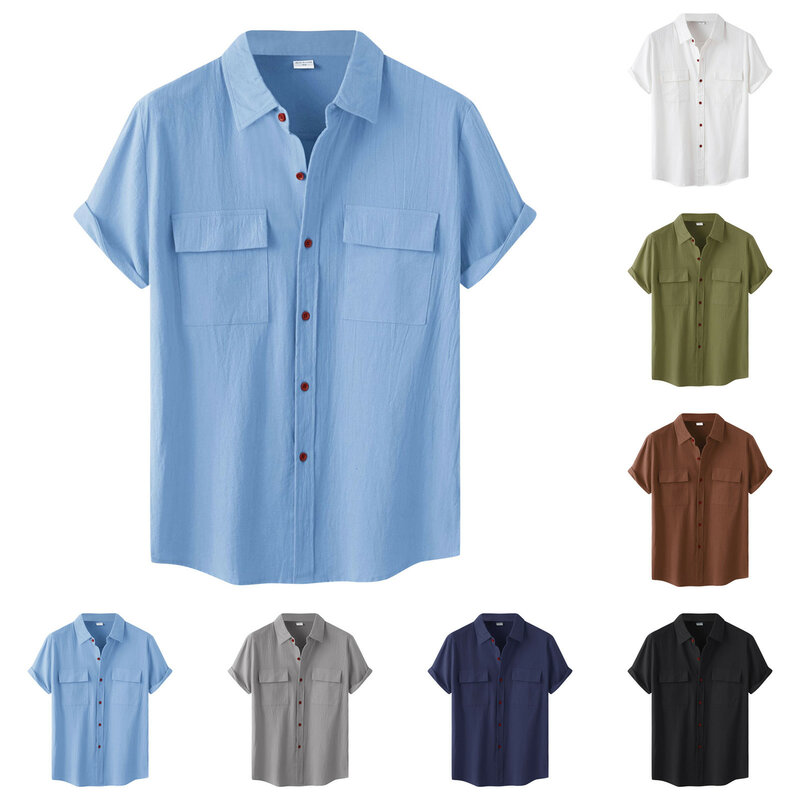 Herren Baumwolle Leinen Sommer Kurzarmhemd einfarbig atmungsaktiv Hawaii Strand männliche Hemden lässige Bluse für Männer